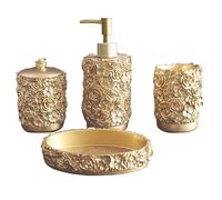 Hymmah Gold Bathroom Accessories Set,Rose Design Bathroom Set,Farmhouse Bathroom Decor,4 Pcs Resin Gift Set Apartment Necessities, Contain Cotton Swab Jar,Soap Dispenser,Soap Dish,Tumbler White