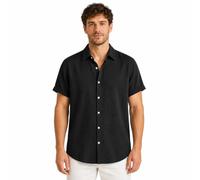 HYMN Men's Short Sleeve Button Down Shirt, Washed Crinkle Texture Stretch Casual Top, 10 Plain Colours for Summer Holiday Beach & Daily Wear