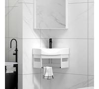 Hynbdes Compact Corner Cloakroom Basin, Bathroom Sink with Storage Container,Triangular Wall Hung Ceramic Wash Basin for Bathroom and Toilets, for Bathroom, Vanity Cabinet, ToiletsWhite-43 * 43