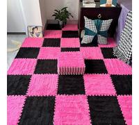 HynJGih 10 Pieces Plush Foam Interlocking Floor Rug Pad, Square Puzzle Carpet Tiles For Room, Living, Bedroom(Rose Red+Black)