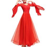 Hynyjxjy D,3XL, Women's Round Neck Ballroom Dance Dresses Lace Social Dance Clothes Salsa Performance Dancewear Waltz Dancing Outfit