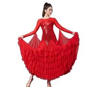 Hynyjxjy Red,M, Women's Sequins Ballroom Dresses Round Neck Waltz Dancing Clothes National Standard Dance Outfit Foxtrot Dance Wear