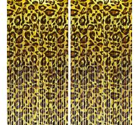 HYOWCHI Leopard Print Foil Fringe Curtains, Metallic Cheetah Leopard Backdrop Decorations for Birthday, Safari Jungle, Wild One Supplies, Bachelorette Photo Booth Background, 2 Pack (3.2 x 8 Ft)