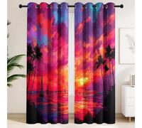 Hyper-Realistic Coastal Curtains, Thermal Blackout Curtains for Living Room | 66" W x 90" D (168 x 228 cm) | Sunset Sky, Golden Sea Waves & Sailing Boats, Energy Saving 2-Panel Set