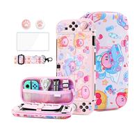 HYPERCASE 8 in 1 Cute Switch OLED Accessories Bundle of Kirby, with Pink Switch OLED Carrying Travel Case, Hard PC Protective Cover Skin, HD Screen Protector, Shoulder Strap & 2 Kawaii Thump Caps