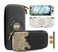 HYPERCASE Black Carrying Case Compatible with Nintendo Switch OLED, with Shockproof Protective Cover of Zelda Tears of The Kingdom, Glass Screen Protector, 2 Thumb Caps, and Wrist Strap