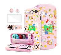 HYPERCASE Cute Switch OLED 8 in 1 Accessories Kit of Kitty Cat, with Pink Switch OLED Travel Carrying Case, Hard Switch OLED Protective Case Cover, Screen Protector, Shoulder Strap, 2 Thump Caps