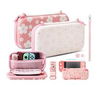 HYPERCASE Pink Carrying Case for Nintendo Switch Lite, Travel Case Set with Cherry Blossom Protective Cover, Glass Screen Protector, Cute Thumb Grip Caps, Coral Hand Strap and Shoulder Strap