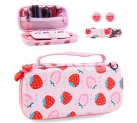 HYPERCASE Strawberry Carrying Case for Nintendo Switch Lite, Portable Accessories Bundle with Pink Switch Lite Storage Bag, Shoulder Strap & 2 Cute Thumb Caps, Built-in 8 Game Card Slots for Girls