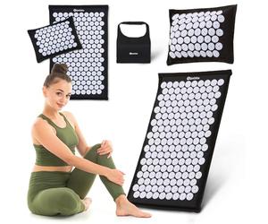 HyperMotion Eco Acupressure Mat 68 cm with Buckwheat Cushion and Bag, Linen with Coconut Fibre, 7182 Points, ABS Nubs, Black White, for Massage, Relaxation and Natural Regeneration