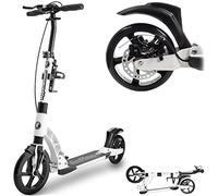 HyperMotion Kick Scooter for Teens and Adults, Cupholder, Foldable, Disc Brake, Anti-Slip Deck, ABEC 7, Adjusted Handlebar from 94 to 104 cm, Max. load up to 100 kg, White
