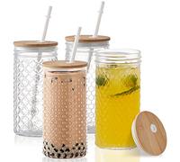 Hyperspace 4Pack Glass Tumblers with Bamboo Lids and Straws, 24 OZ Wide Mouth Mason Jar Drinking Glasses Travel Bottles with Varitey of Patterns for Multi Use