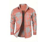 HYPESTFIT Men's Long Sleeve Hawaiian Shirt - Floral Print & Patchwork Design for Tropical Holiday & Beach Casual Button Down Shirt with Front Pocket Orange