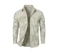 HYPESTFIT Men's Long Sleeve Hawaiian Shirt - Floral Print & Patchwork Design for Tropical Holiday & Beach Casual Button Down Shirt with Front Pocket Khaki Green