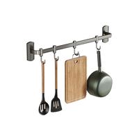 HYPIQQ Rail Rack Organizer Self Adhesive Kitchen Utensil Rack Aluminum Wall Mounted Hanging Rail 4 Removable Hooks Pots Pans Spoons Knives (Grey, 25cm)