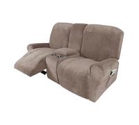 HYPIQQ Recliner Loveseat Covers with Center Console 8 Pieces Stretch Velvet Recliner Cover 2 Seat Loveseat Recliner Sofa Cover with Storage Pocket,Taupe,2 Seat Console
