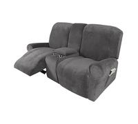HYPIQQ Recliner Loveseat Covers with Center Console 8 Pieces Stretch Velvet Recliner Cover 2 Seat Loveseat Recliner Sofa Cover with Storage Pocket,Grey,2 Seat Console