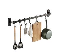 HYPIQQ Utensil Rail Rack Organizer Self Adhesive Kitchen Utensil Rack Aluminum Wall Mounted Hanging Rail 6 Removable Hooks Pots Pans Spoons Knives (Black, 35cm)