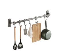 HYPIQQ Utensil Rail Rack Organizer Self Adhesive Kitchen Utensil Rack Aluminum Wall Mounted Hanging Rail 6 Removable Hooks Pots Pans Spoons Knives (Grey, 35cm)