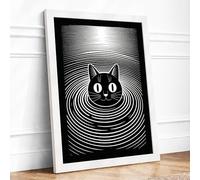 Hypnotic Cat Geometric Framed Wall Art Print A3 (42×29.7cm) White, Wall Decor for Living Room, Bedroom, Office & Home, Ready to Hang, Art Gift