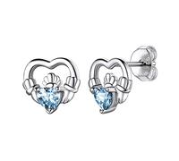 Hypoallergenic 925 Sterling Silver Claddagh Celtic Knot Blue Aquamarine March Birthstone Earrings, Birth Stone Jewelry Dainty Cute Stud Heart Shaped Hoop Earrings for Women Teen Girls