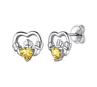 Hypoallergenic 925 Sterling Silver Claddagh Celtic Knot November Birthstone Yellow Citrine Earrings, Birth Stone Jewelry Dainty Cute Stud Heart Shaped Hoop Earrings for Women Teen Girls