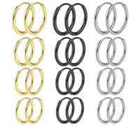 Hypoallergenic Flat Back Earrings, 12 Pairs Surgical Steel Cartilage Huggie Earrings, Chunky Gold Hoop Earrings, Lightweight/Trendy, for Multiple Piercings(8/10/12/14 mm)