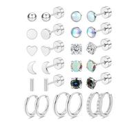 Hypoallergenic Flat Back Earrings, 13 Pairs Silver Surgical Steel Studs & Hoops for Women - Small 4mm/6mm Cartilage Tragus Helix Piercing Jewellery Set in Gift Box