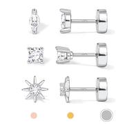 Hypoallergenic Flat Back Earrings for Women 14K White Gold Plated Solid 925 Sterling Silver Post Stud Cartilage Helix Conch Tragus Piercing Jewellery 3 Pairs Tiny Screw Dainty CZ Opal Earring Set