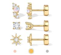 Hypoallergenic Flat Back Earrings for Women Gold Plated Solid 925 Sterling Silver Post Stud Cartilage Helix Conch Tragus Piercing Jewellery 3 Pairs Tiny Screw Dainty CZ Opal Earring Set Sun