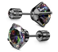 Hypoallergenic G23 Implant Grade Titanium Screw Back Earrings 20G Pure Titanium for Sensitive Ears 5A CZ Earring Studs Sleeper for Women Men Double Side Earrings Piercing Rainbow Black 6MM