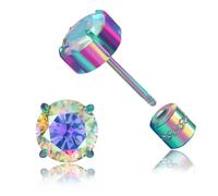 Hypoallergenic G23 Pure Titanium Earrings, 20G Implant Grade Pure Titanium Flatback 5A Cubic Zirconia Earrings Studs, Suitable for Women Men Sensitive Ears Jewelry Gift (5A Silver AB CZ, 5mm)