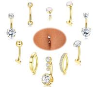 Hypoallergenic Gold Belly Button Bars - 14K Gold Plated Belly Bar Surgical Steel Silver Belly Button Piercing Cubic Zircon Opal Click Floating Belly Ring Navel Piercing Jewellery 14G Golden 12MM
