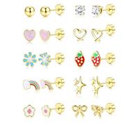 Hypoallergenic Surgical Steel Flat Back Stud Earrings for Girls and Kids - 10 Pairs Screw Back Stainless Steel Studs with Heart Bow Star for Sensitive Ears, Flatback Helix for Women Golden CZ