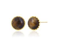 Hypoallergenic Tiger Eye Stud Earrings | 14K Gold Plated Trimmed Natural Stone Jewelry | 12MM Round Gemstone Gift for Birthdays, Sensitive Ears & Elegant Crystal Lovers