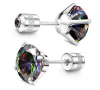 Hypoallergenic Titanium Stud Earrings - G23 Implant Grade 5A CZ Titanium Screw Back Double-Sided Stud for Men Women with Sensitive Ears, Cartilage Tragus Helix Piercing Jewellery Rainbow Silver 4MM