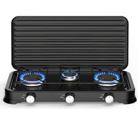 HYQNG Portable Camping Gas Stove, 3 Burner Camping Stove Gas Portable with Safe Lid, Stainless Steel Table Top Gas Cooker, Adjustable Temperature Control, Automatic Ignition,Only for LPG black C