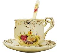 HYQOUKLR China Cup and Saucer,Coffee Cup Teacup, 10 Oz Floral Tea Cups with Saucer and Spoon, China Tea Set, for Party Wedding Gifts