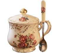 HYQOUKLR China Cup and Saucer,Coffee Cup Teacup, 13.5 Oz Porcelain Tea Sets,Retro Ceramic Coffee Cup Set with Saucer,Lid and Spoon
