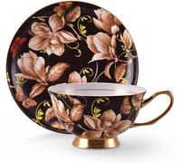 HYQOUKLR China Cup and Saucer,Coffee Cup Teacup, 7.5 Ounce Floral Tea Cups with Gold Trim,Saucers and Spoon,Latte Cup Mugs, Service for 2,Brown(Bruin)