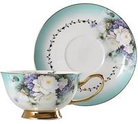 HYQOUKLR China Cup and Saucer,Coffee Cup Teacup, 7.5oz Floral Tea Cups with Gold Trim and Spoon,Ceramic Coffee Mug for Party Wedding Gift