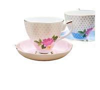 HYQOUKLR China Cup and Saucer,Coffee Cup Teacup, Romantic Floral - Patterned Ceramic Cup and Saucer Sets, Multiple Color Options, Encounter British Elegance(Pink)
