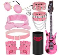 Hysagtek 11 Piece Rocker Outfit Women's Rocker Costume 70s 80s 90s Punk Gothic Accessories with Rings, Skull Masks, Headscarves, Leather Bracelet, Gloves Rivets, Sunglasses (Pink)