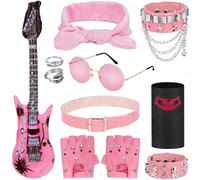 Hysagtek 11Pcs Adult Punk Rockstar Fancy Dress Accessories Kit, 80s Retro Heavy Metal Costume Set for Halloween Disco Carnival & Rock Concert Events, Unisex Themed Party Accessory Pack, Pink