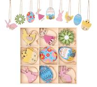 Hysagtek 18pcs Hanging Easter Decorations, Wooden Easter Decorations for Tree, Rustic Farmhouse Spring Decor, Colorful Egg, Hen, Bunny, Flower Shape Pendants,Home Decor Gift,with Wood Box,2 Inch