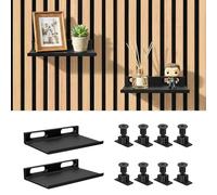 Hysagtek Acoustic Panel Shelves 2 Pack, No Drill Floating Wall Trays for 13-15mm Gap Slatted Wood Walls, Damage-Free Repositionable Display Shelves for Living Room Bedroom Office Decor, Black(15X9cm)