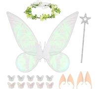 Hysagtek Fairy Wings Adult, 17 Pcs White Fairy Wings Sparkle Angel Wings Butterfly Wings with Elf Ears Flower Crown Fairy Wand Dress up Set for Halloween Carnival Birthday for Adults Men Women