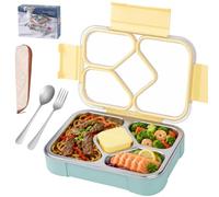 Hysagtek Stainless Steel Lunch Box-1020ml 3+1 Compartment Bento Box with Sauce Cup,Detachable 304 Steel Tray,Leakproof Divided Container with Cutlery&DIY Stickers for Kids Adults School Office Picnic