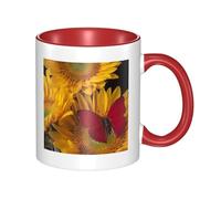 HYSDPUZK Double Color Ceramic Mug - 11oz Funny 3D Yellow Sunflowers with Red Butterfly Pattern Coffee & Tea Cup, Cute Cups for Men Women