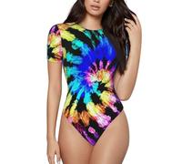 HYSDPUZK Exotic Tribe Tie Dye Style Printed Short Sleeve Onesie For Women Sexy Tight Bodysuit Polyester Stretch Jumpsuit